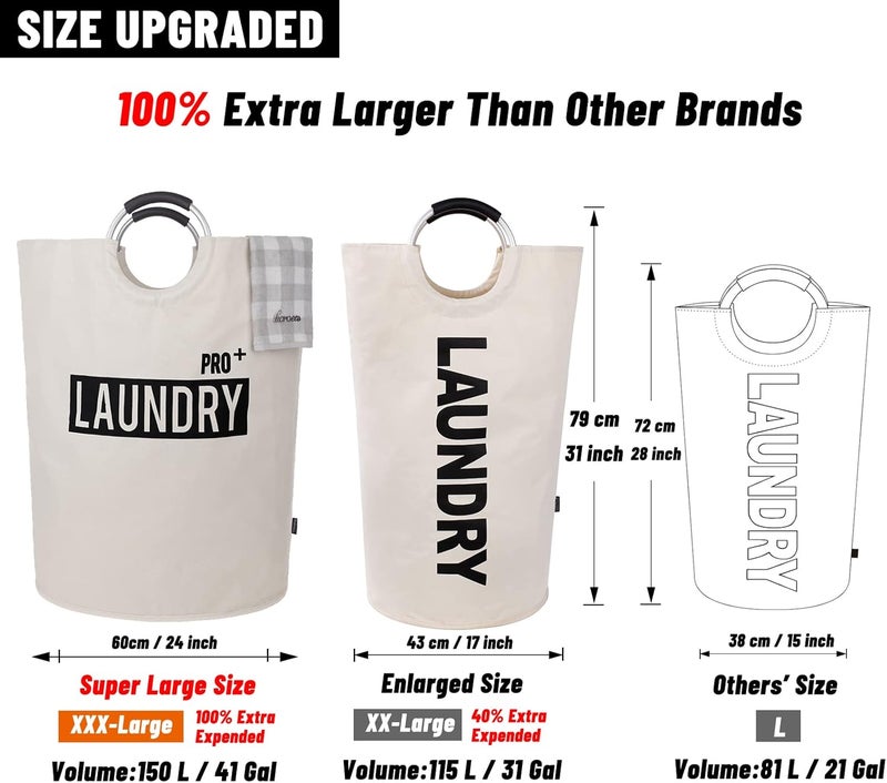 Caroeas Super Large 150L Laundry Basket Pro, Waterproof Laundry Hamper, Collapsible Laundry Basket Easy Storage, Clothes Hamper Stands Up Well, Laundry Bag with Padded Handles (Beige) - Image 3